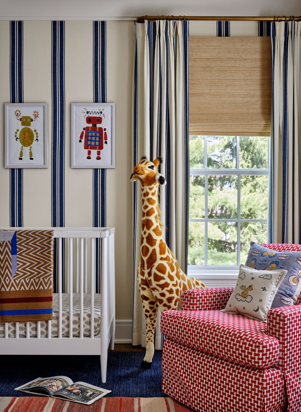 a children's room with stripped wallcovering