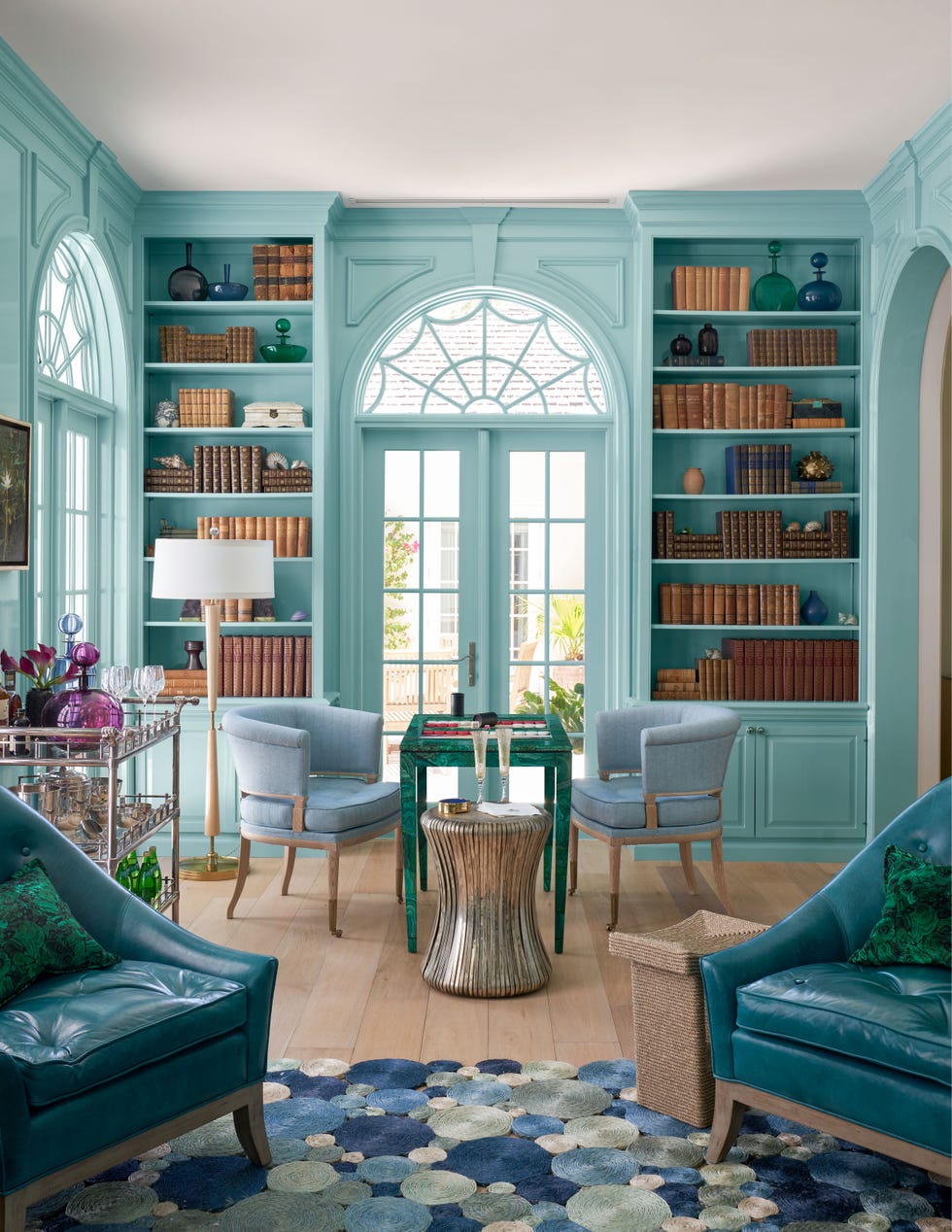 a teal blue library